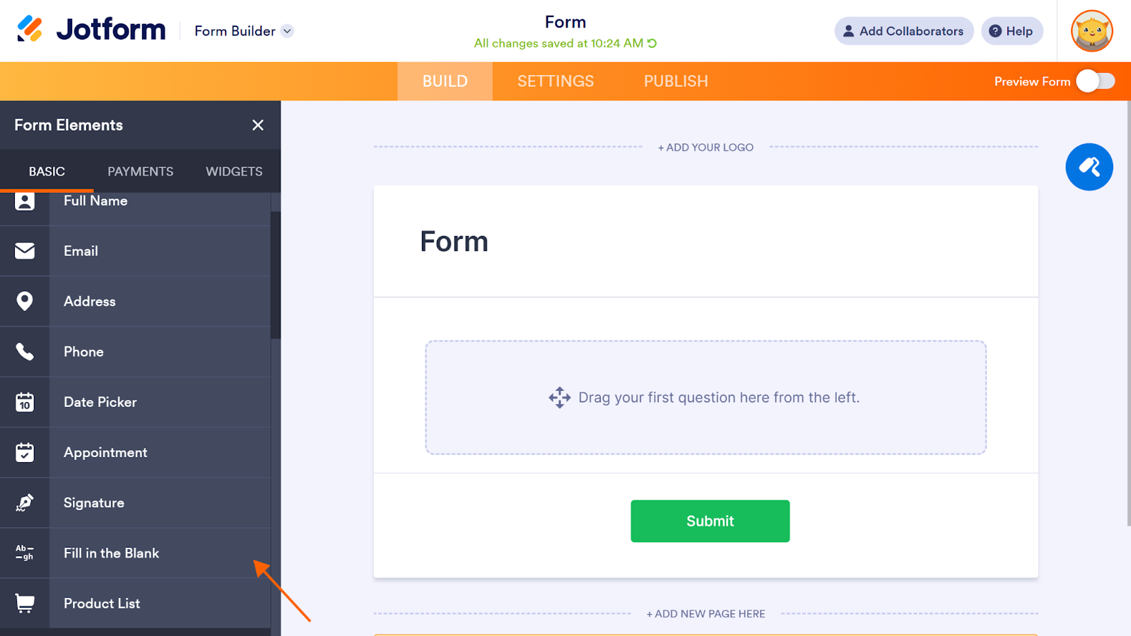 Clicking on the Fill in the Blank element on the Form Elements on Jotform Form Builder