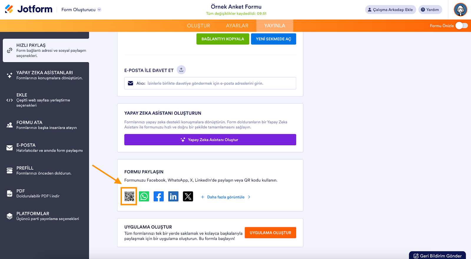 jotform form builder kullanıcı ara yüzü QR kod paylaşım butonu