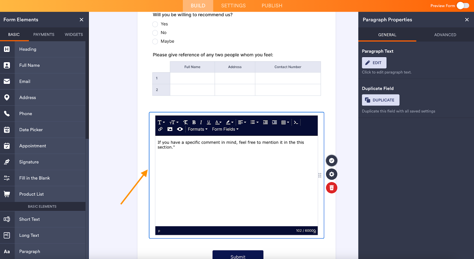 Jotform interface with an arrow pointing to the paragraph field, which has now been inserted into the example form