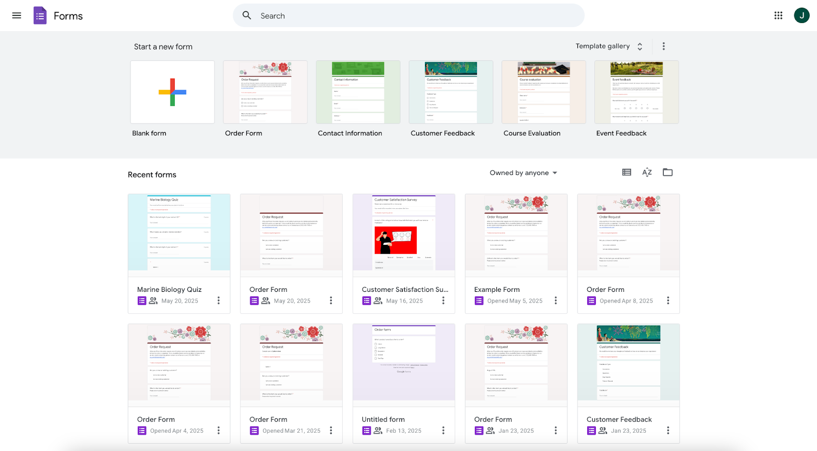 Viewing the Google Forms homepage