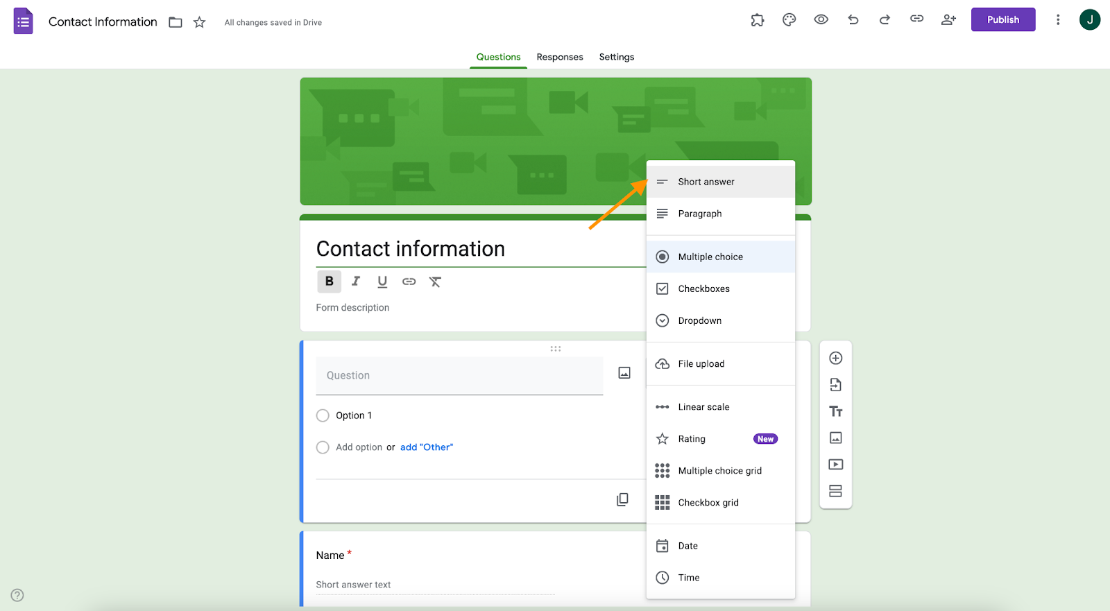 Choosing the Short answer as the question type on Google Forms