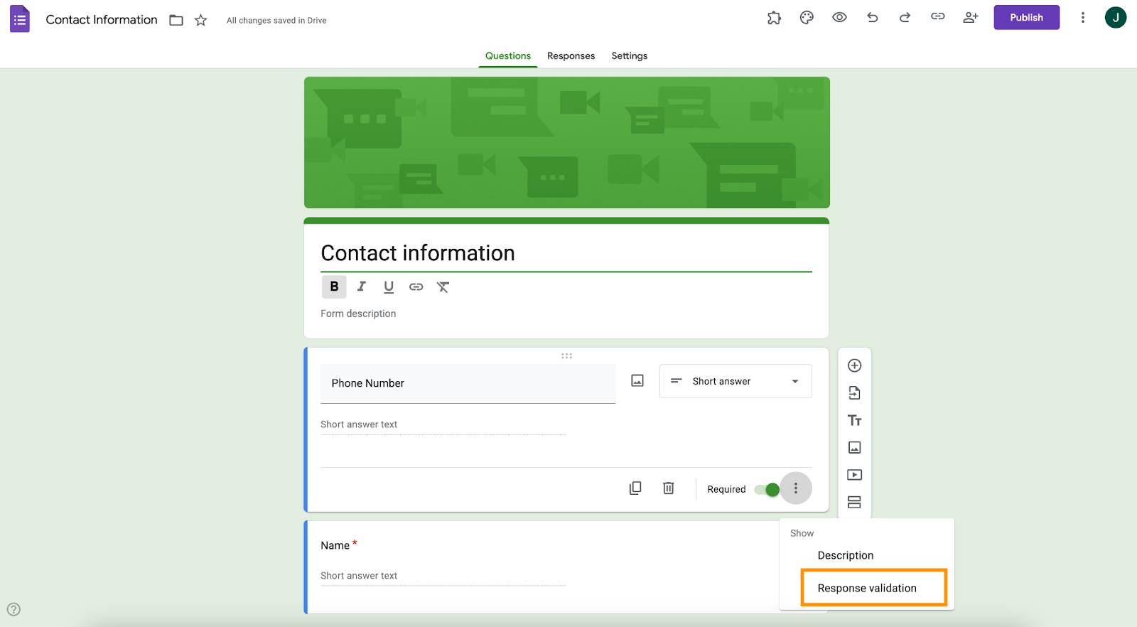 Clicking on the Response validation option from the dropdown on the Contact Information form on Google Forms