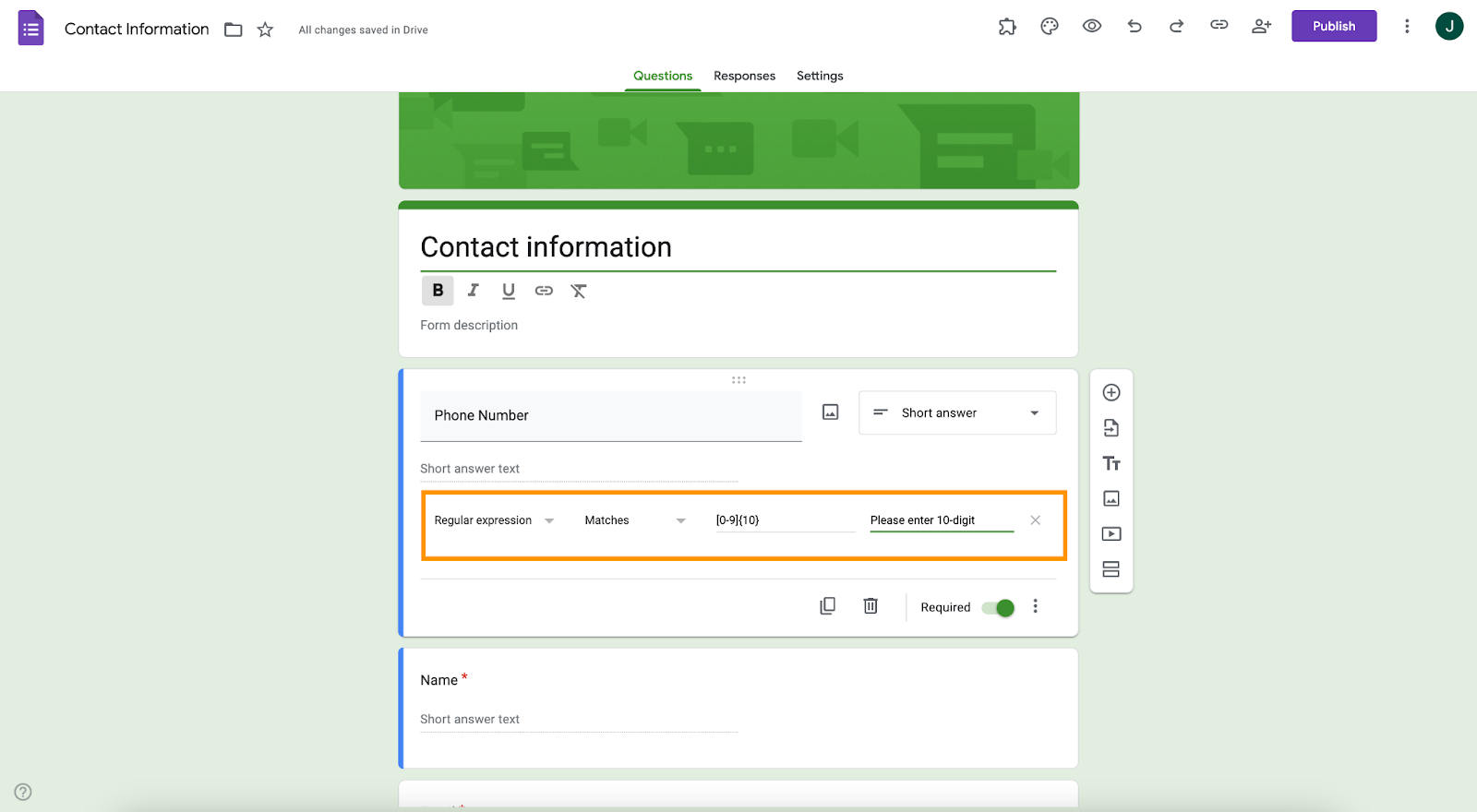 Choosing the Regular expression option from the validation options, setting the condition and then entering a regex pattern on Google Forms