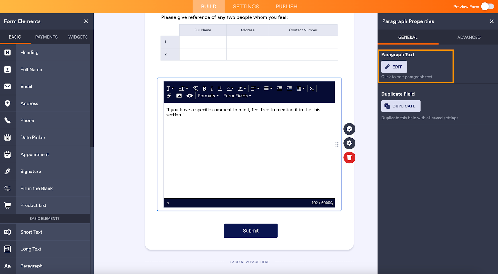Jotform interface with "Paragraph Text" highlighted in the "Paragraph Properties" right-hand sidebar