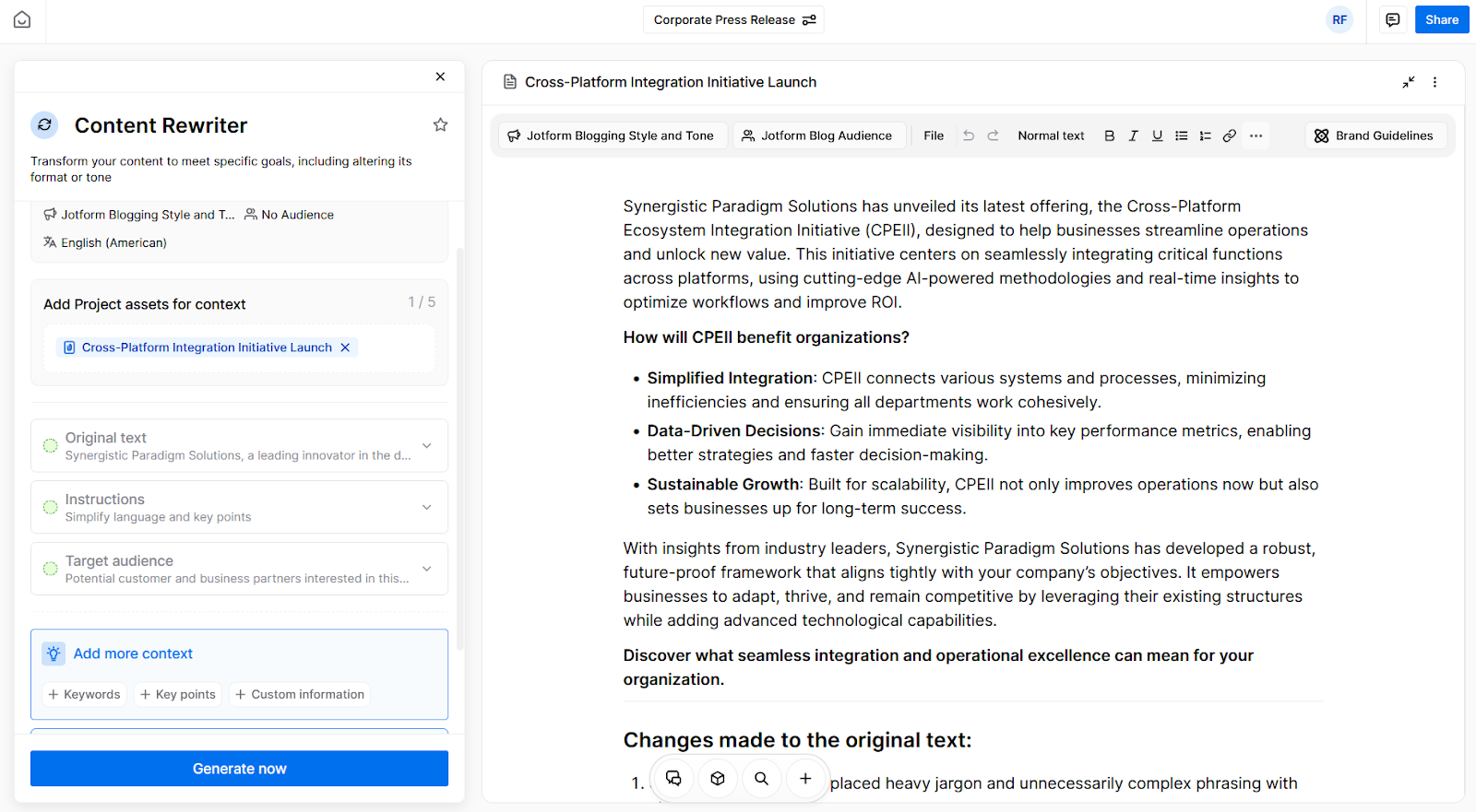 Jasper interface showing an example piece of text and the Content Rewriter settings