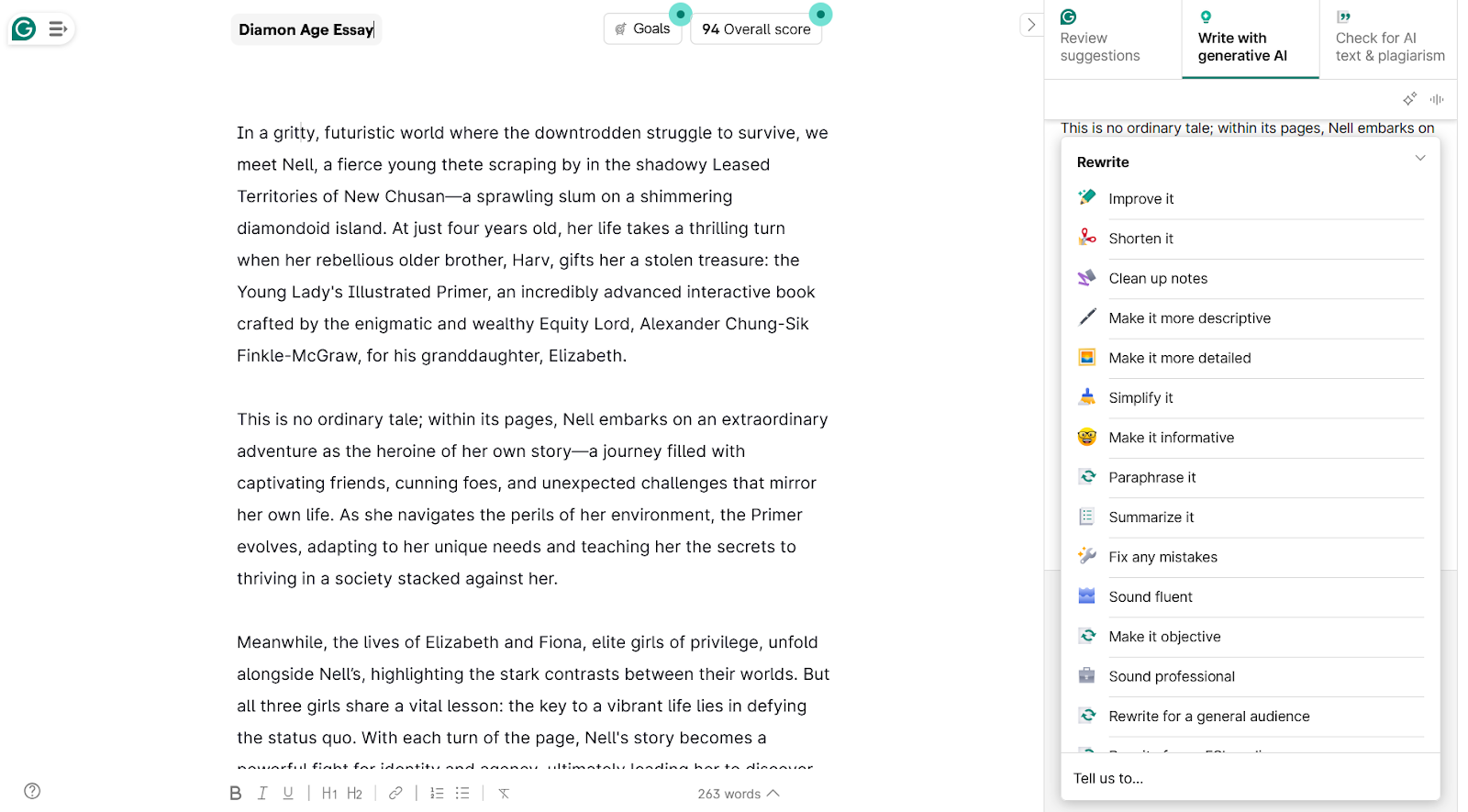 Grammarly interface showing an example piece of text and several AI rewriting options, including "improve it," "shorten it," and "paraphrase it"