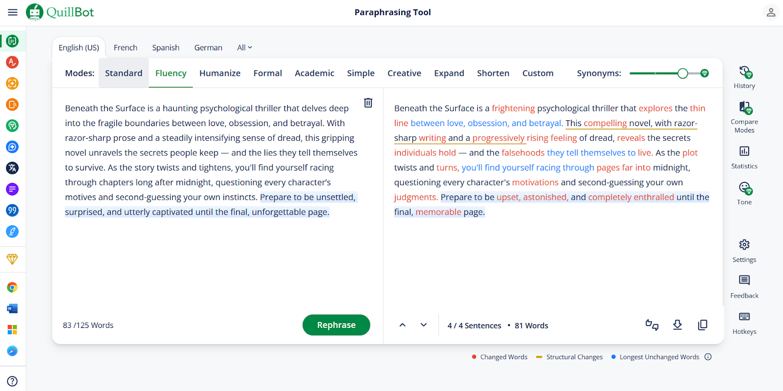 QuillBot's AI Paraphrasing Tool interface showing several rewriting modes, including "standard," "humanize," and "academic"
