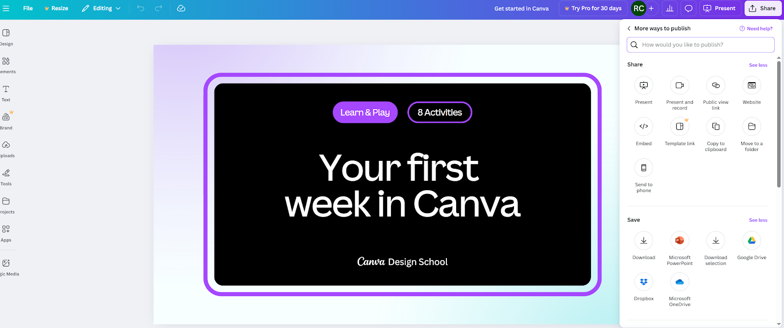 A screenshot of an example Canva file titled "Get started in Canva"