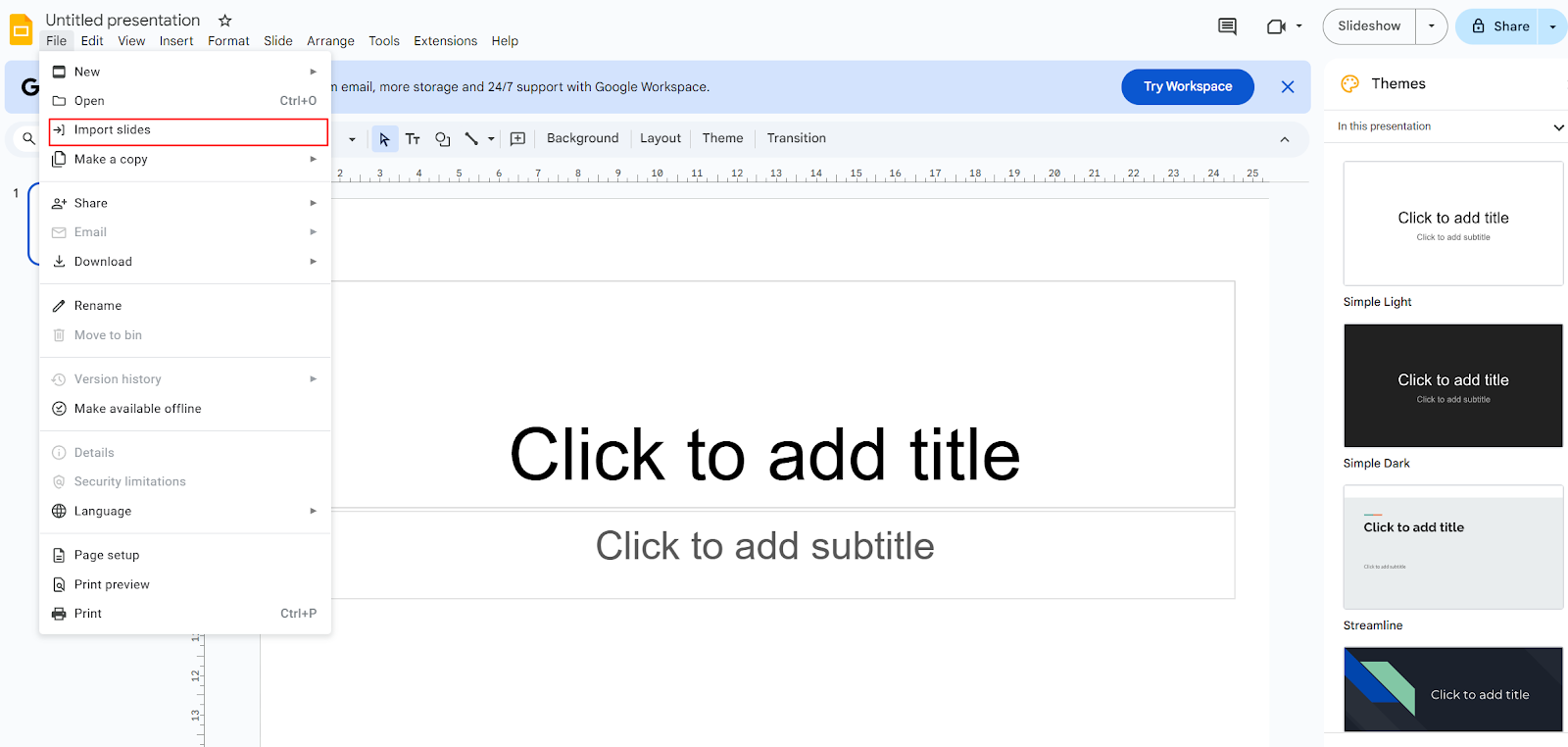 A screenshot of an untitled Google Slides presentation, with "File" and "Import slides" selected in the top left corner