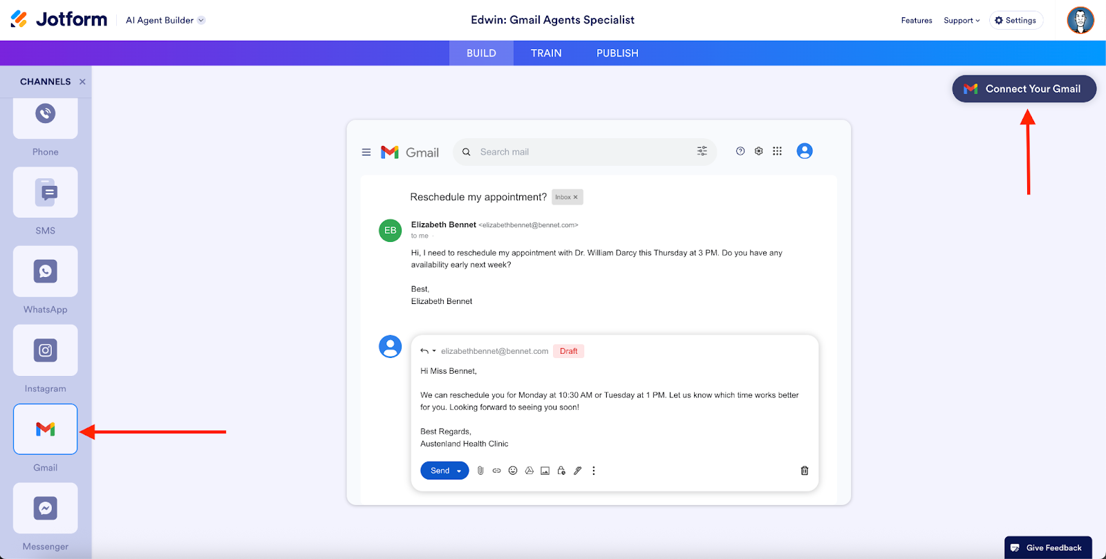 Clicking on the Gmail option under Channels, then clicking on the Connect Your Gmail button