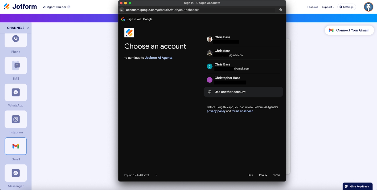 Selecting the Gmail account to connect to the agent