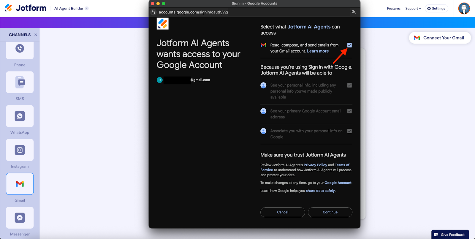 Clicking on the box next to the option "Read, compose, and send emails from your Gmail account