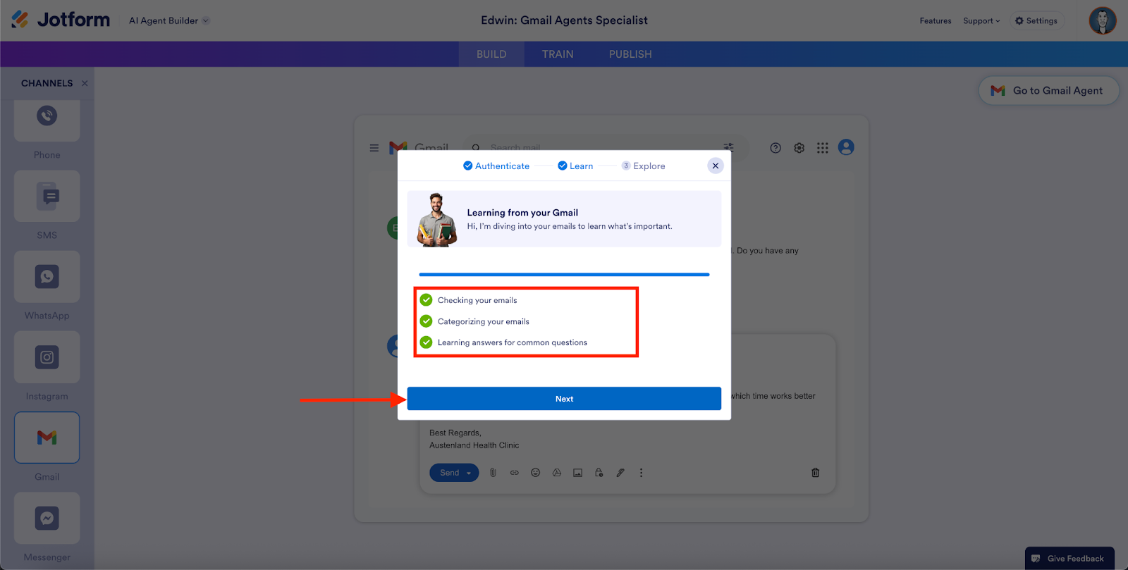 Clicking on the Next button on the pop-up window