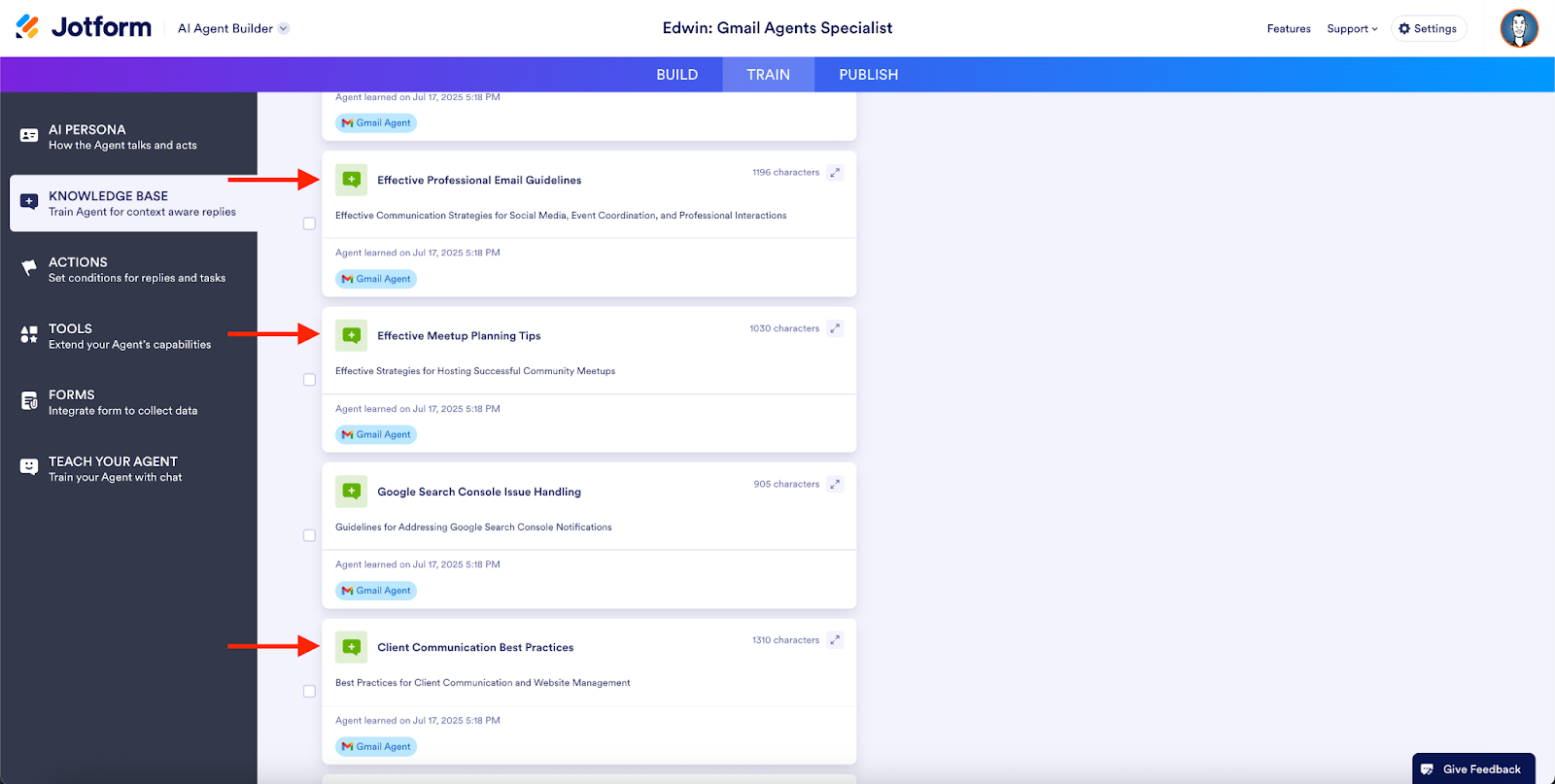 Viewing the training that’s been added based on the email inbox history