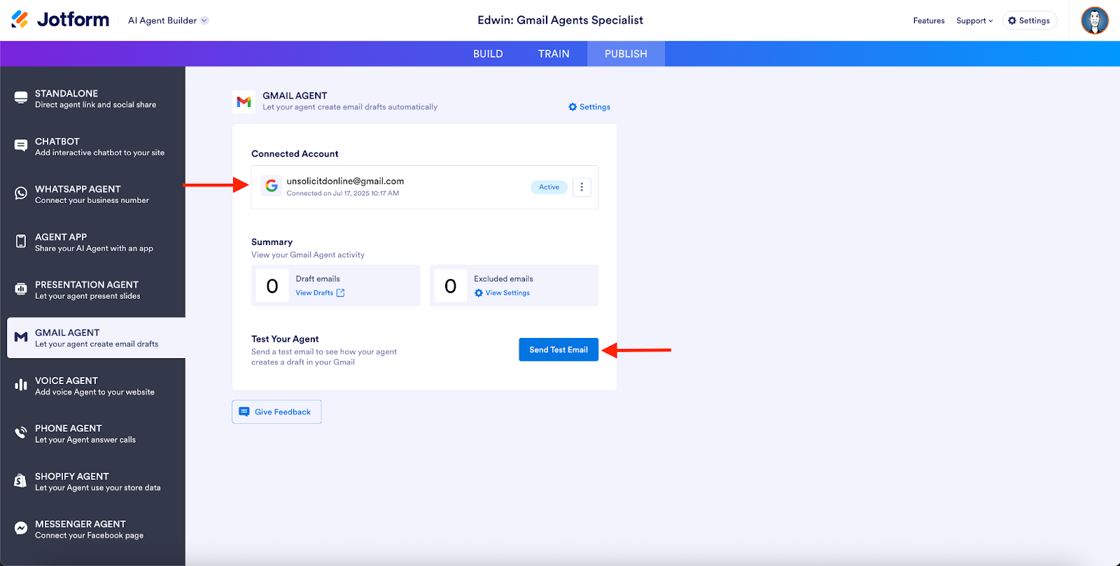 Clicking on the Send Test Email button on the Gmail Agent Publish page