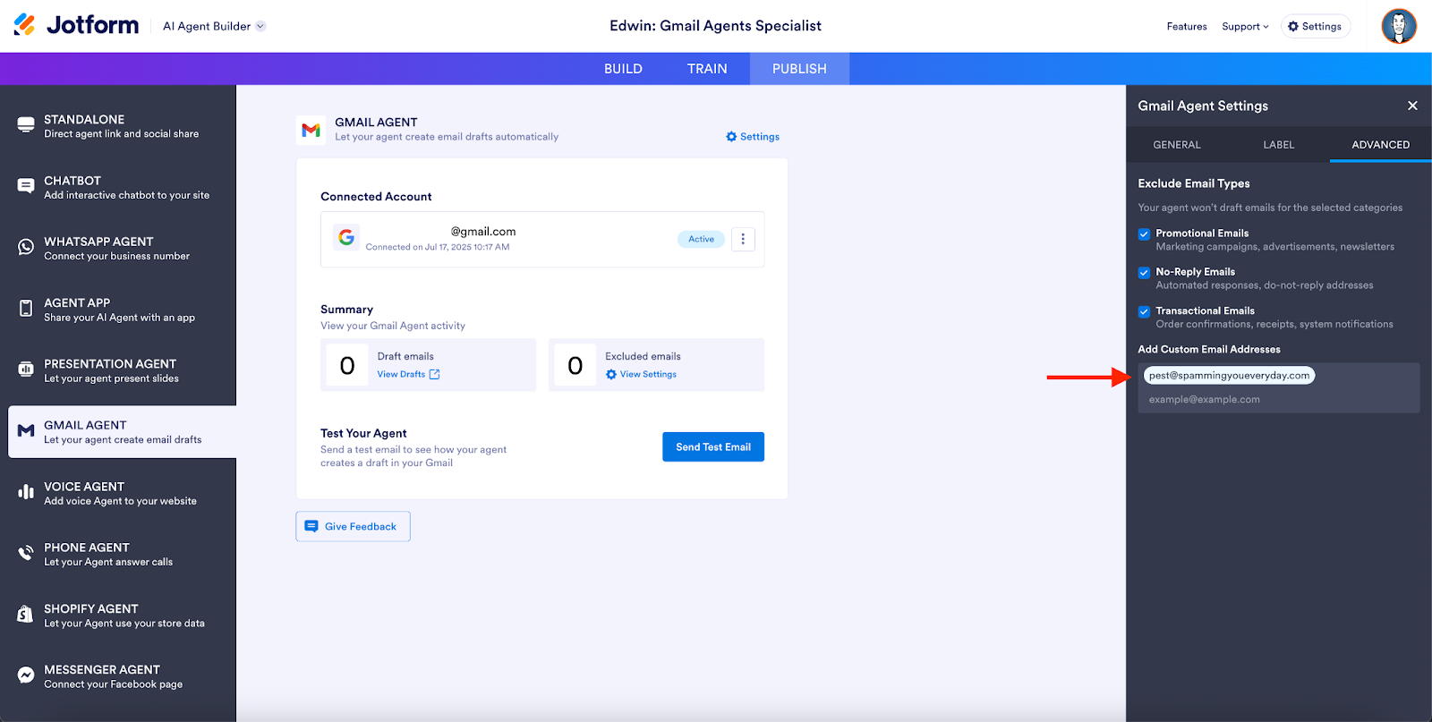 Entering an email below the Add Custom Email Addresses field under the Gmail Agent Settings Advanced Options tab