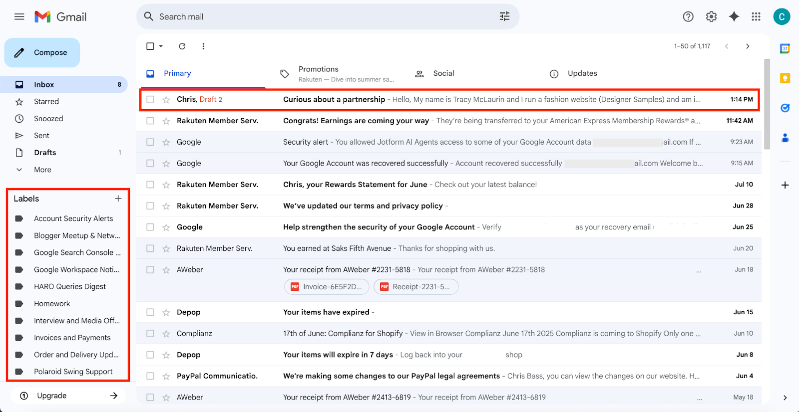 Highlighting the draft created and the labels on Gmail