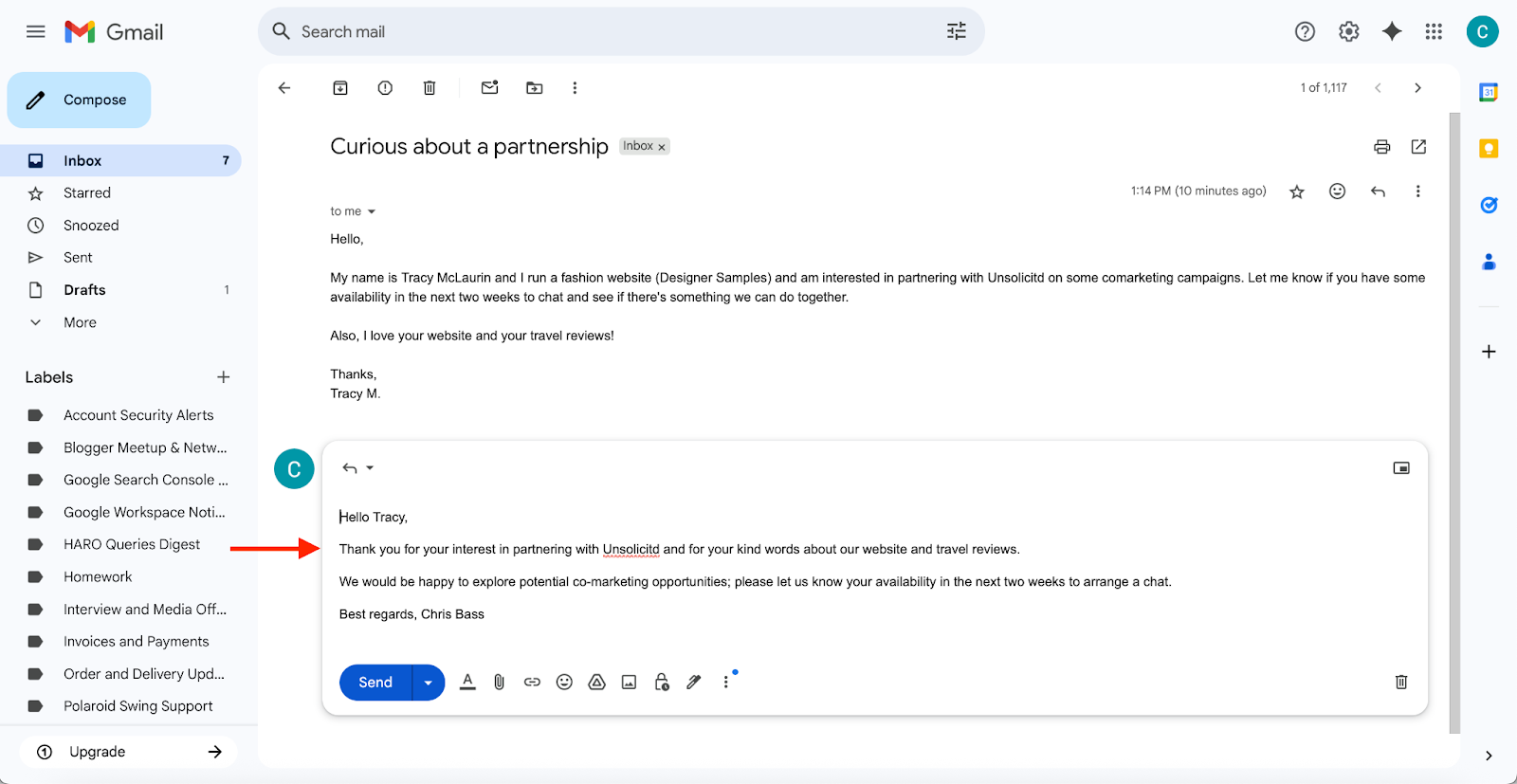 Viewing the draft that the agent has created on Gmail
