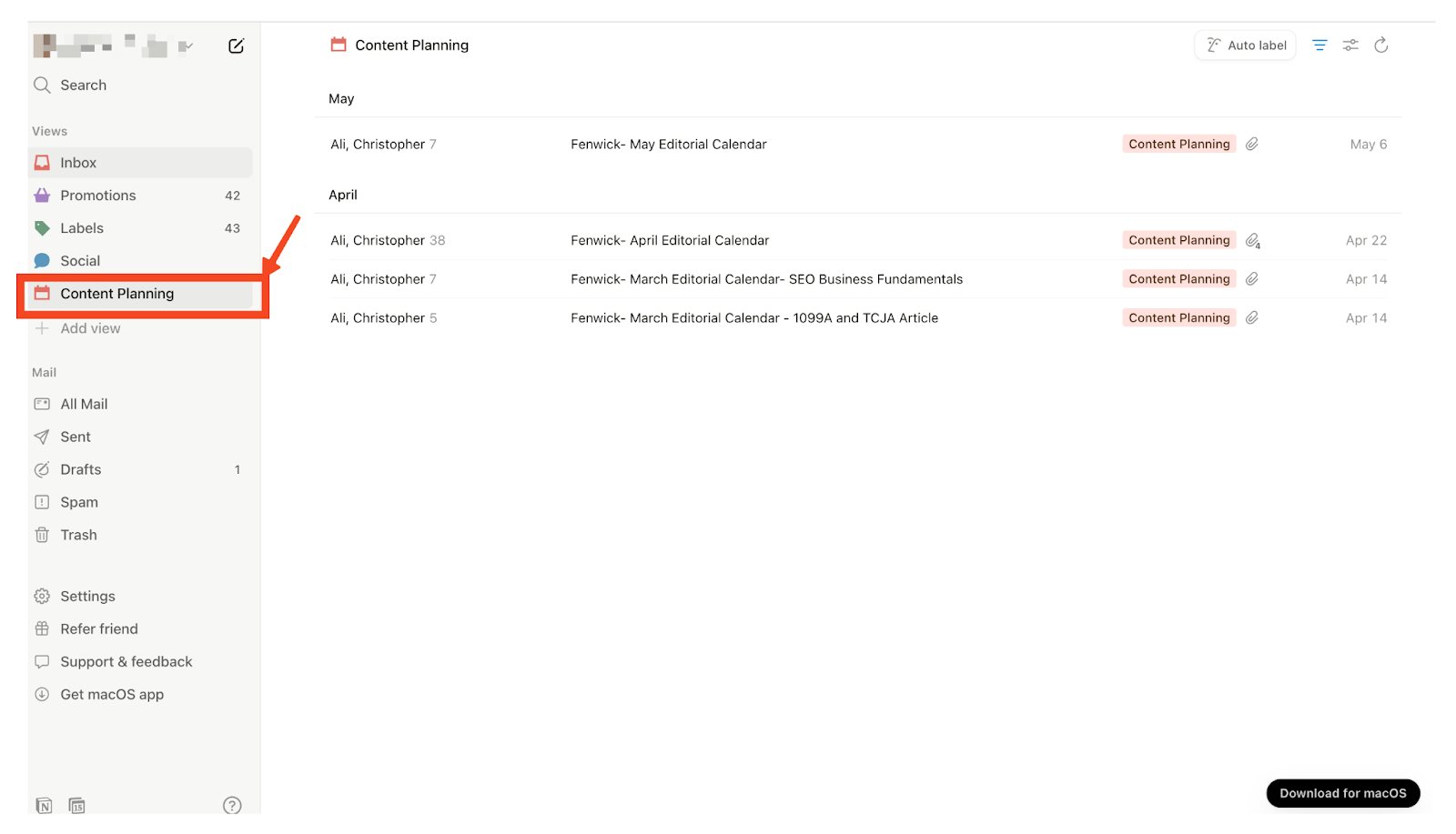 Views example on Notion Mail
