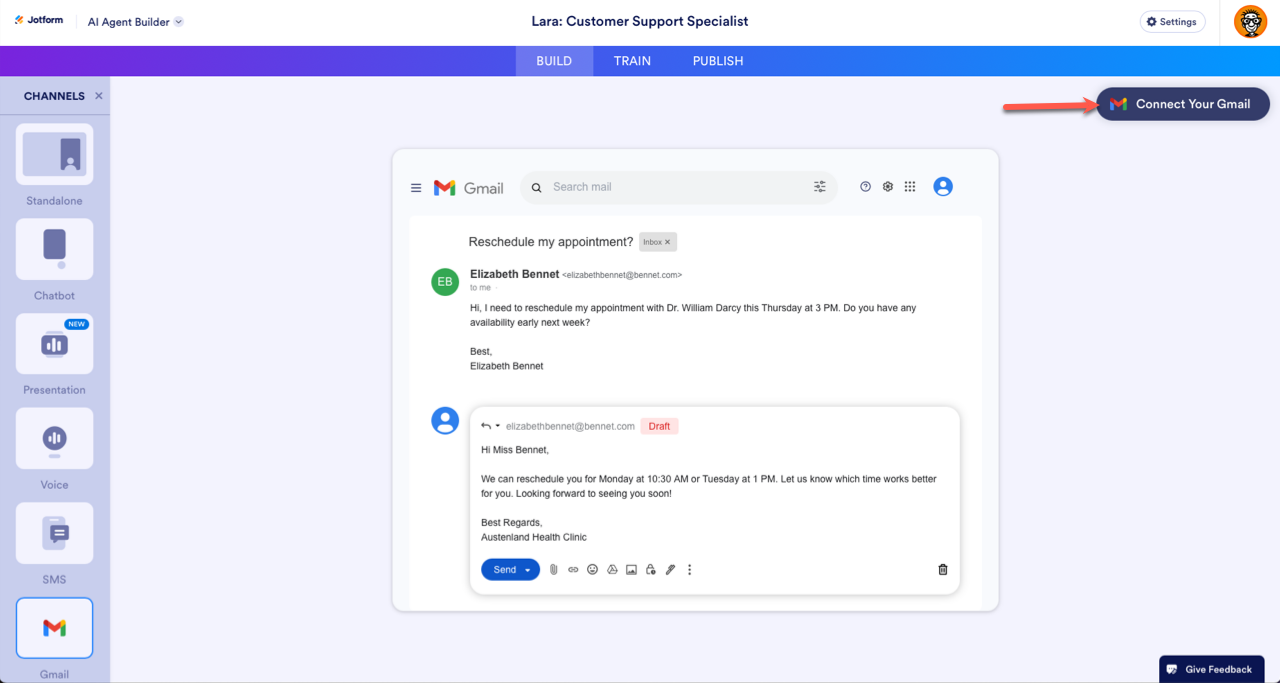 Clicking on the Connect Your Gmail button on the Jotform AI Agent Builder