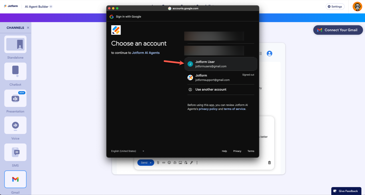 Selecting the account to add on the Google Accounts pop-up window