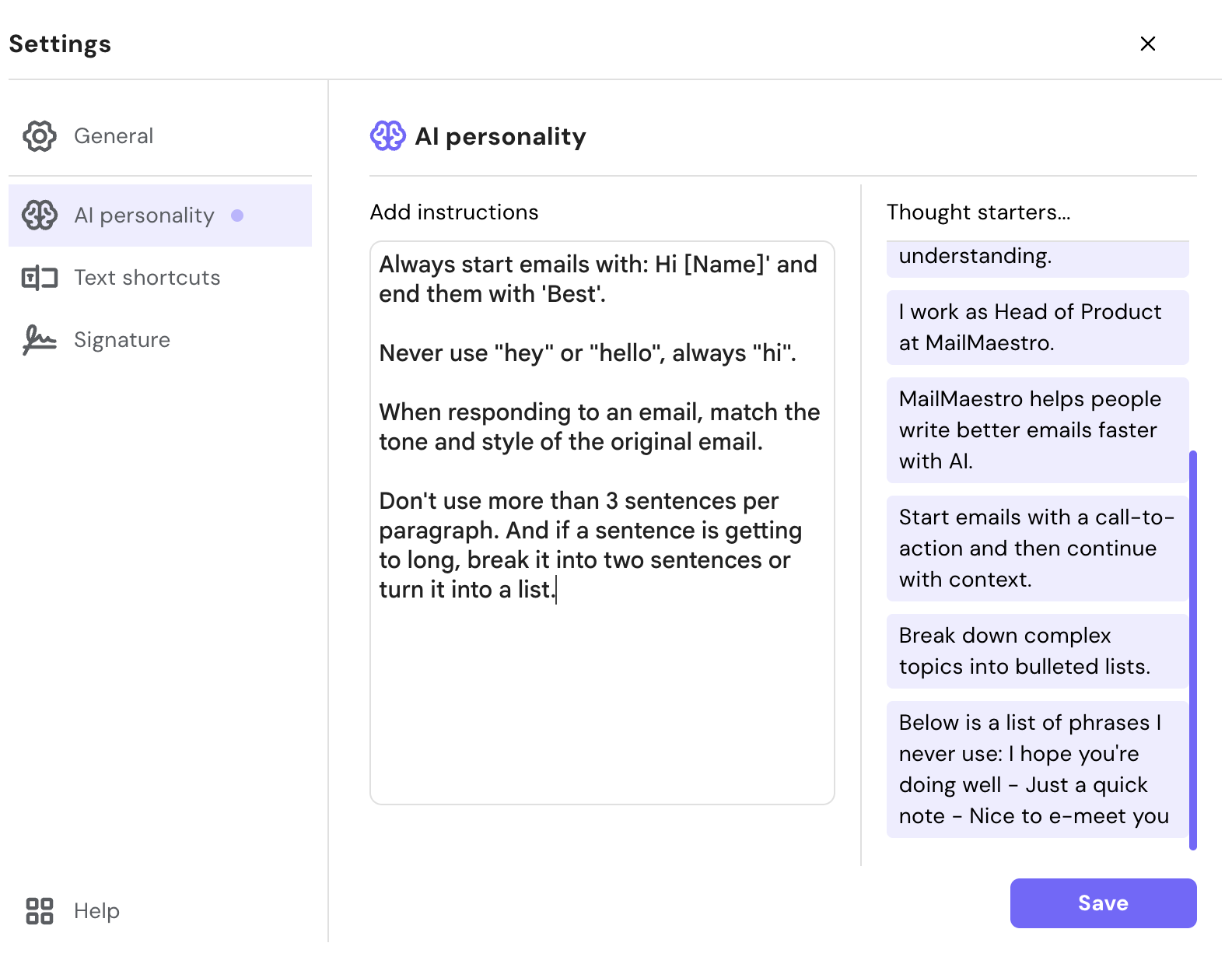 AI personality example on MailMaestro
