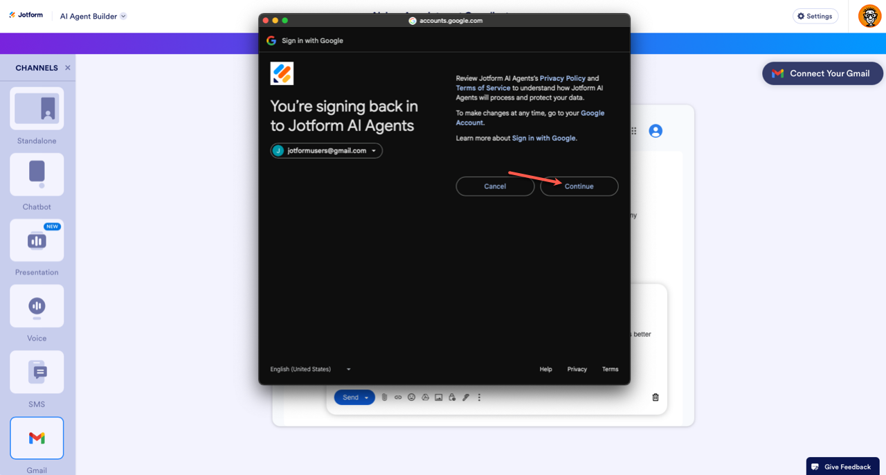 Clicking on the Continue button on the pop-up window to sign-in
