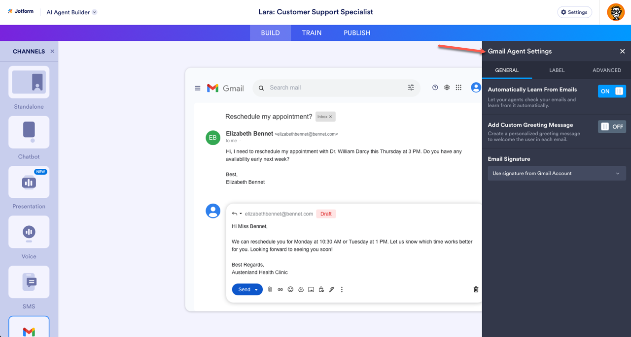 Viewing the Gmail Agent Settings window on the AI Agent Builder