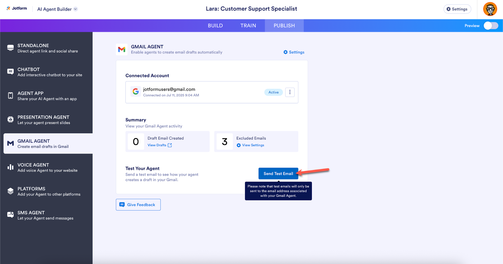 Clicking on the Send Test Email button on the Gmail Agent Publish tab