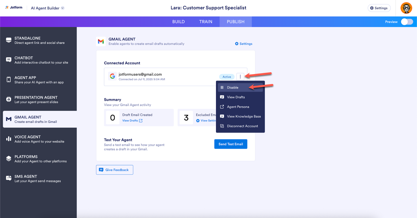 Clicking on the three-dot icon and then clicking on the Disable option on the Gmail Agent page