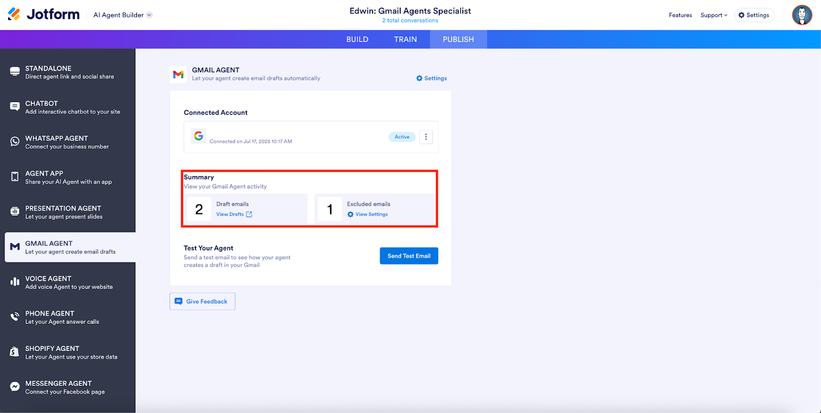 Viewing the agent's updated email activity on Jotform AI Agent Builder Gmail tab