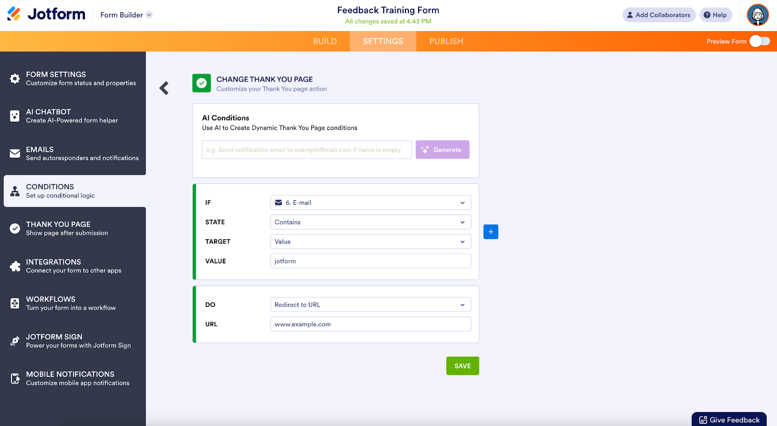 customization interface of thank you page on jotform form builder
