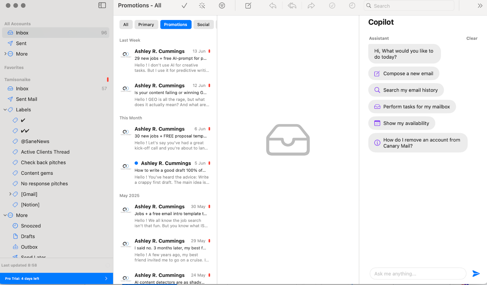 user interface of Canary Mail 