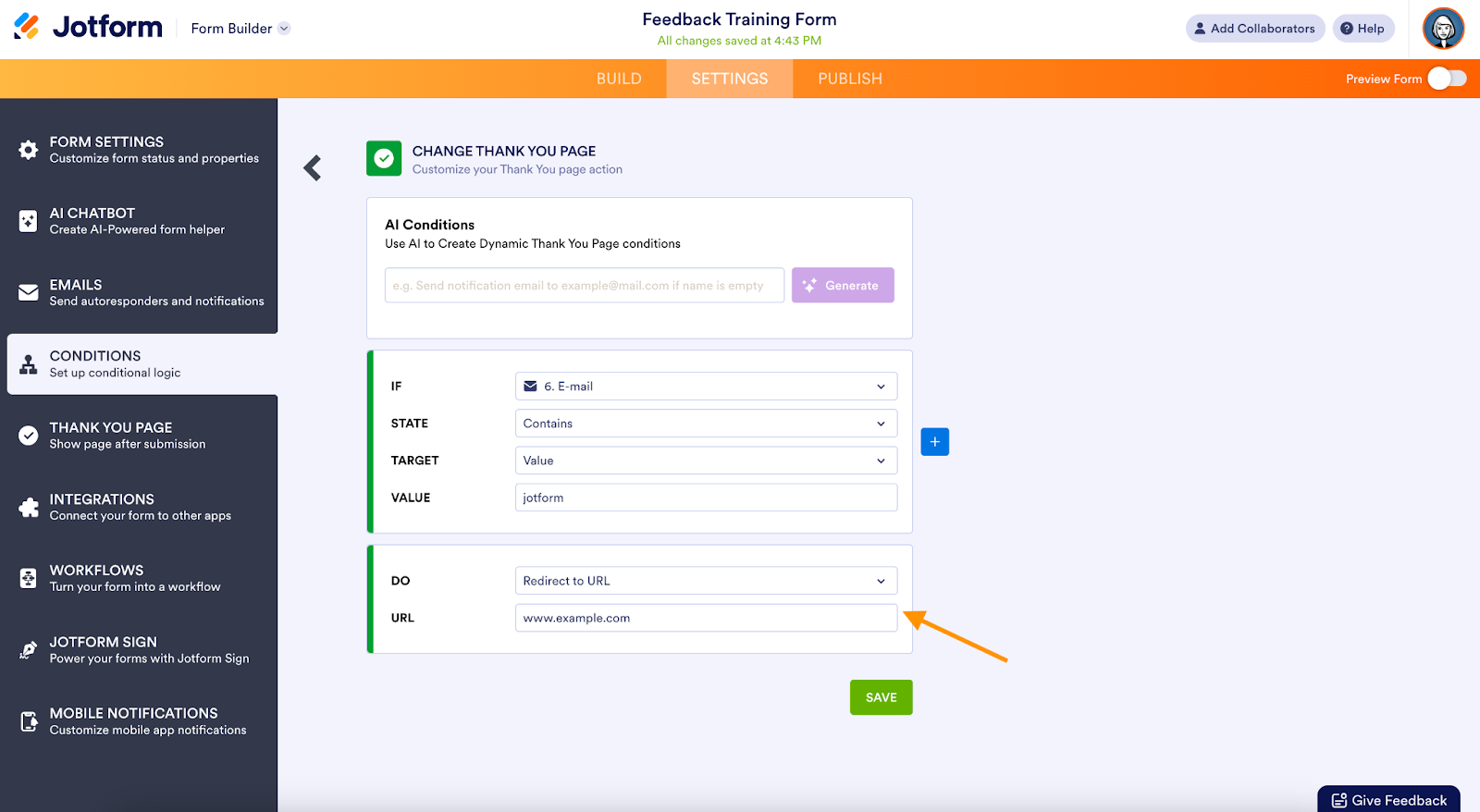 image showing jotform form builder user interface to redirect to an external URL