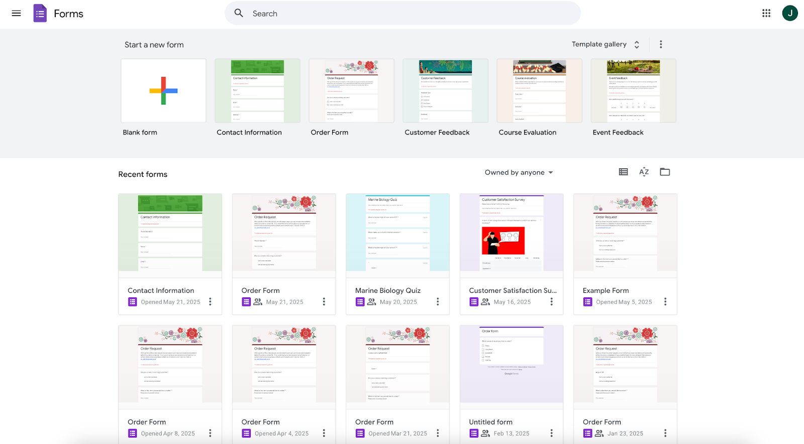 google forms form template selections