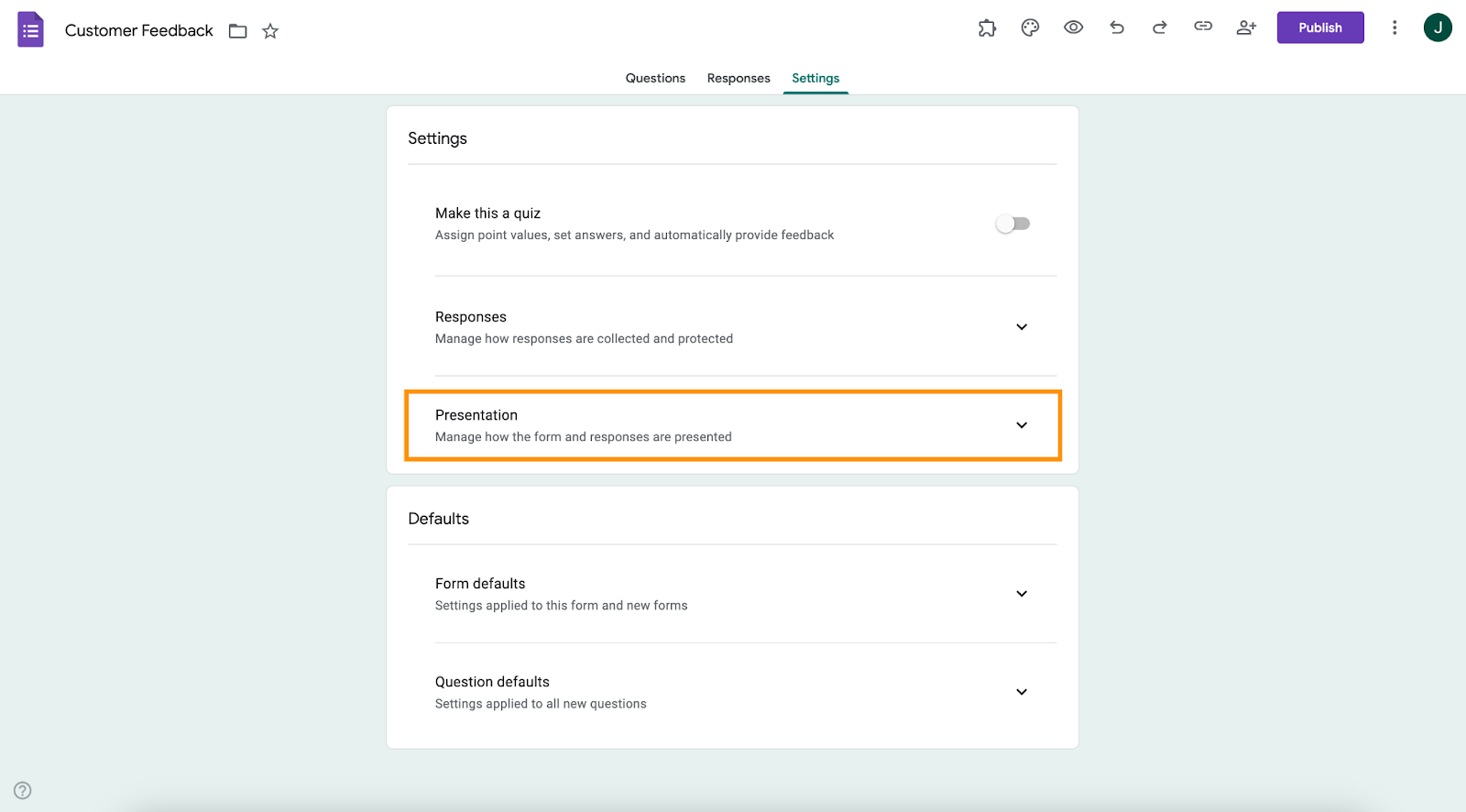 google forms example interface showing the presentation option
