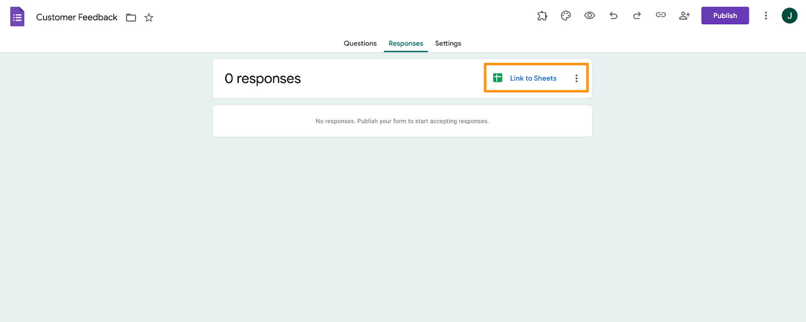 image showing the link to sheets button on the responses tab
