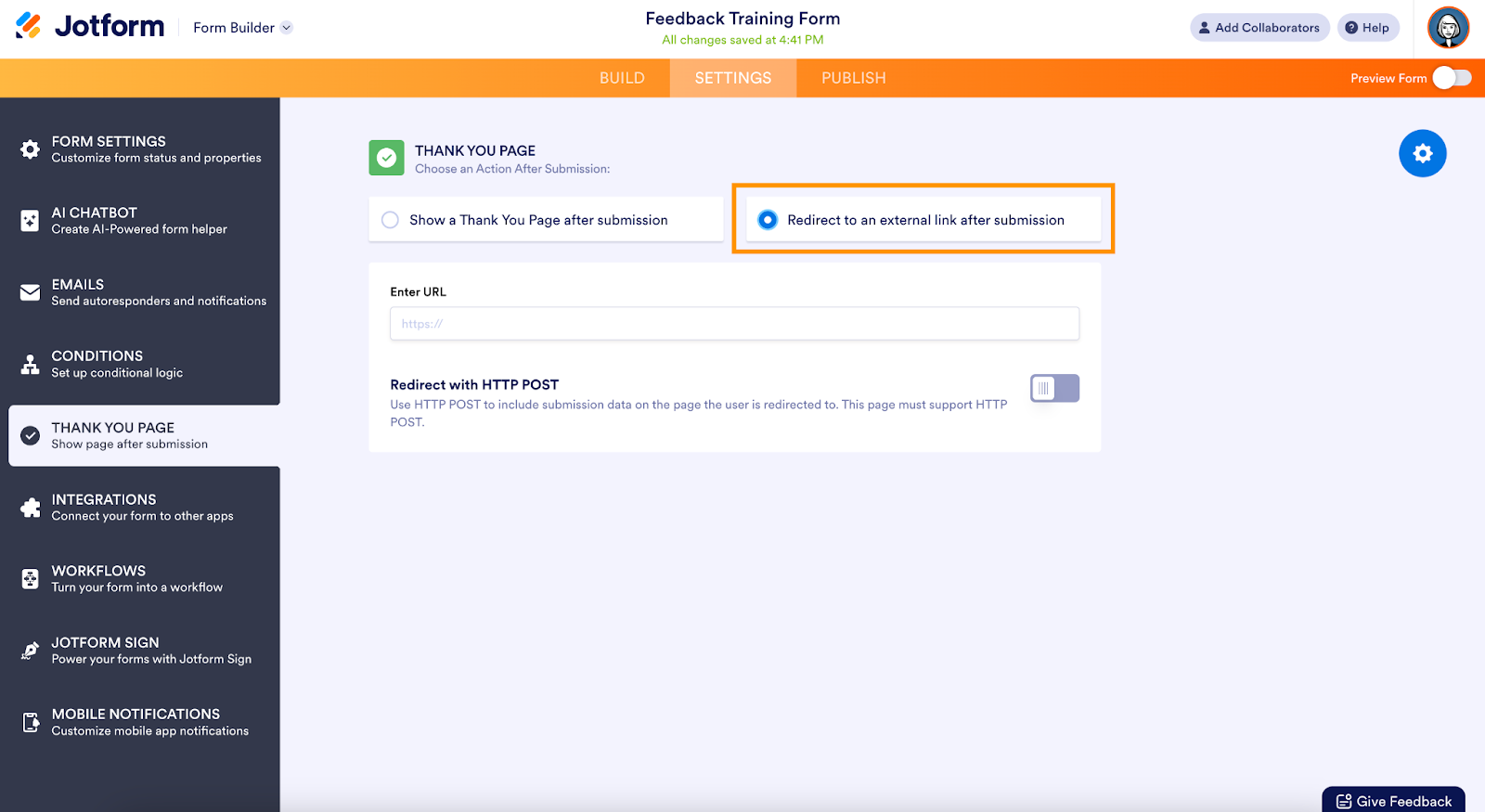 redirect to an external link after submission button on Jotform form builder