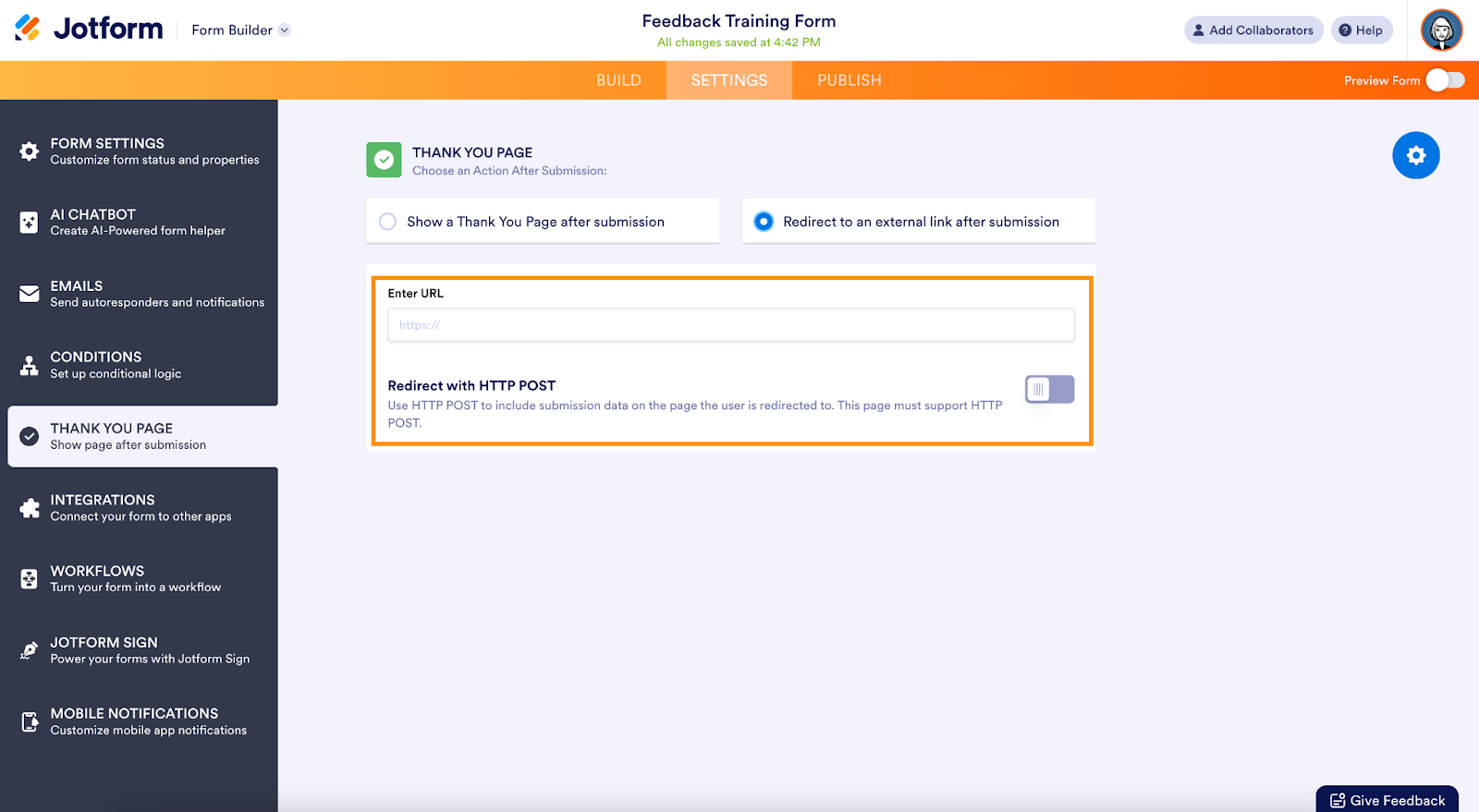 enter URL section on jotform form builder