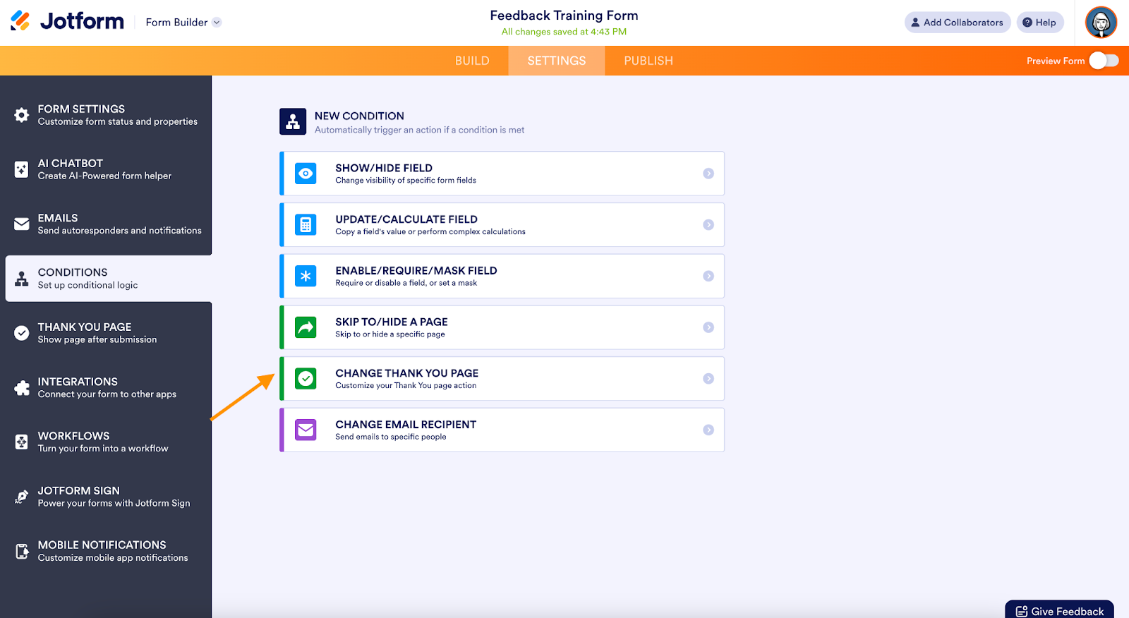 on conditions user can find the change thank you page option to customize it