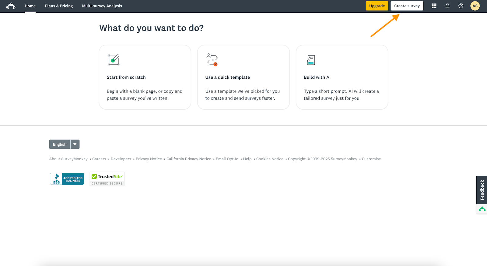 SurveyMonkey Create Survey button