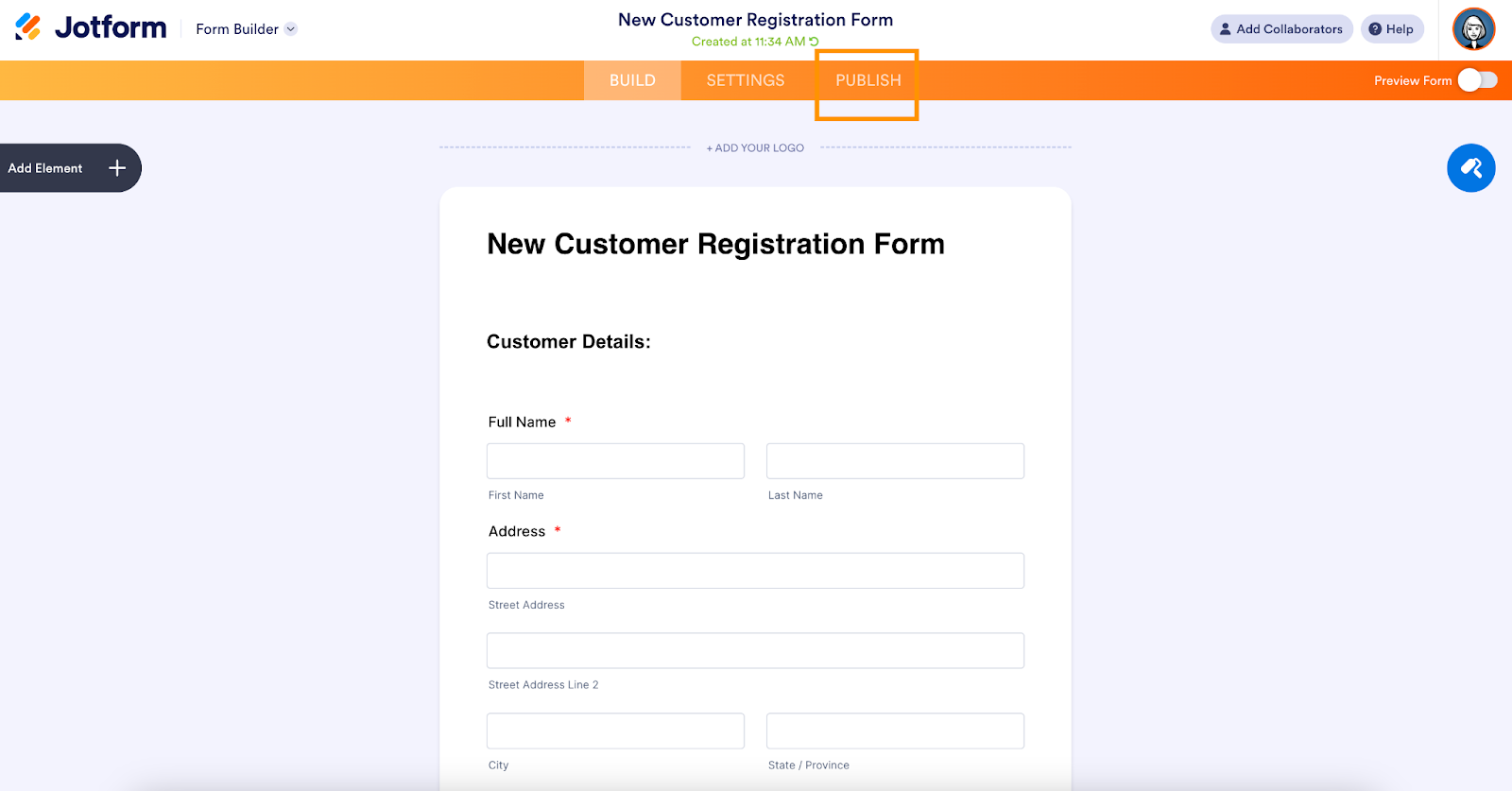 Form Builder Publish Tab