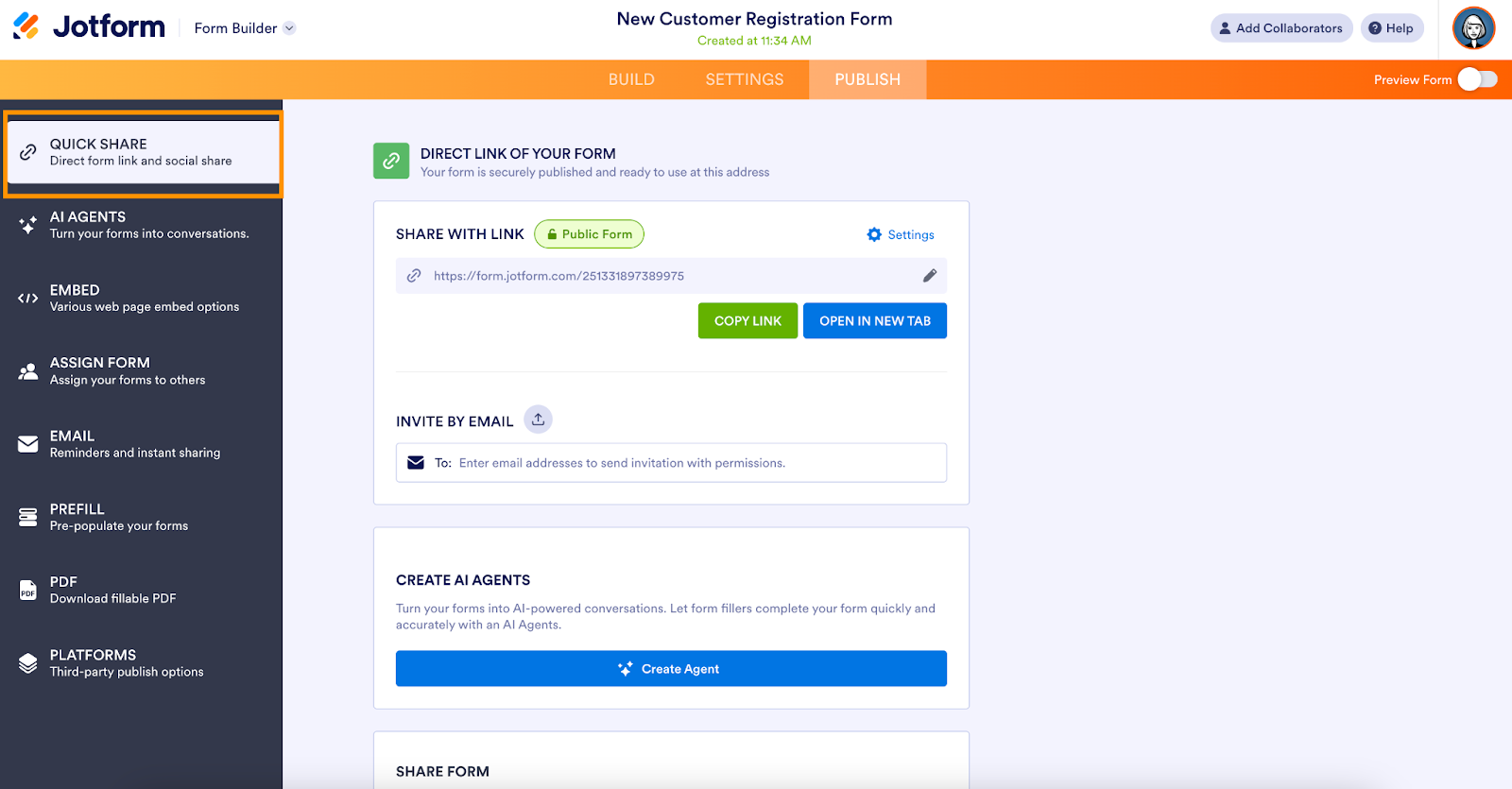 Form Builder Quick Share Page