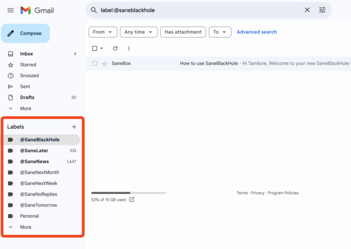 SaneBox labels in use in a gmail account