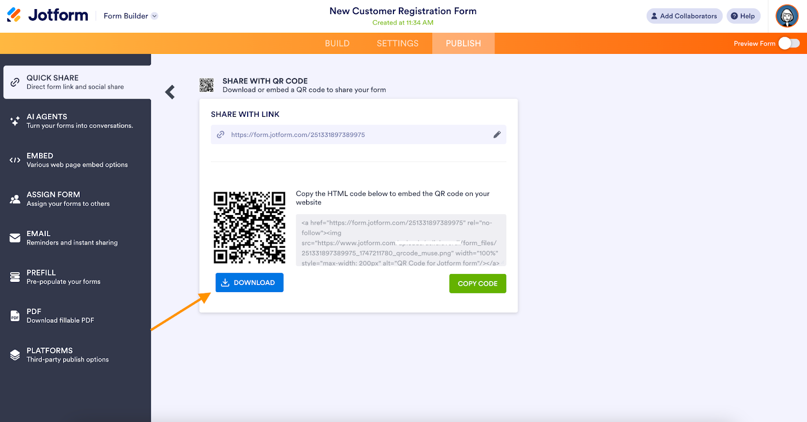 Form Builder Share with a QR Code Page