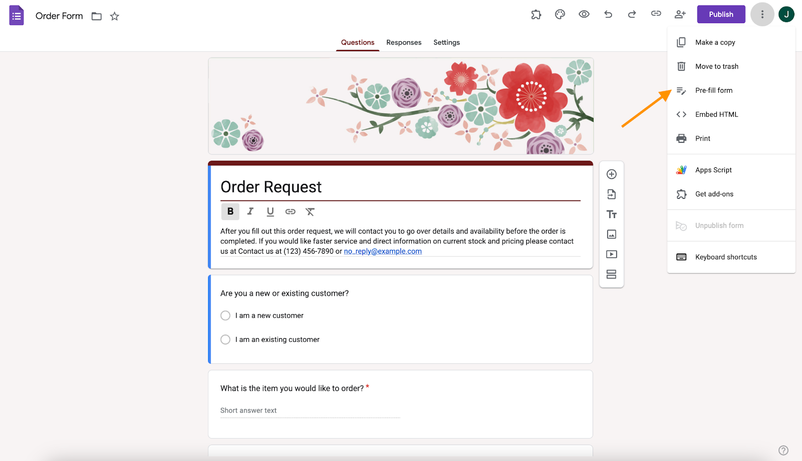 google forms order request form directing user to pre fill form option