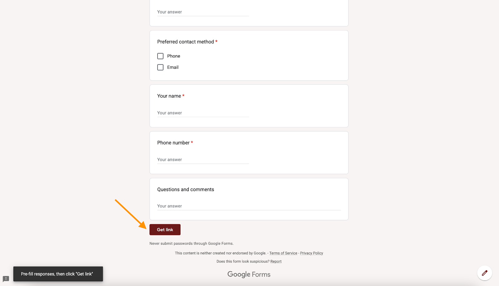 google forms get link button 