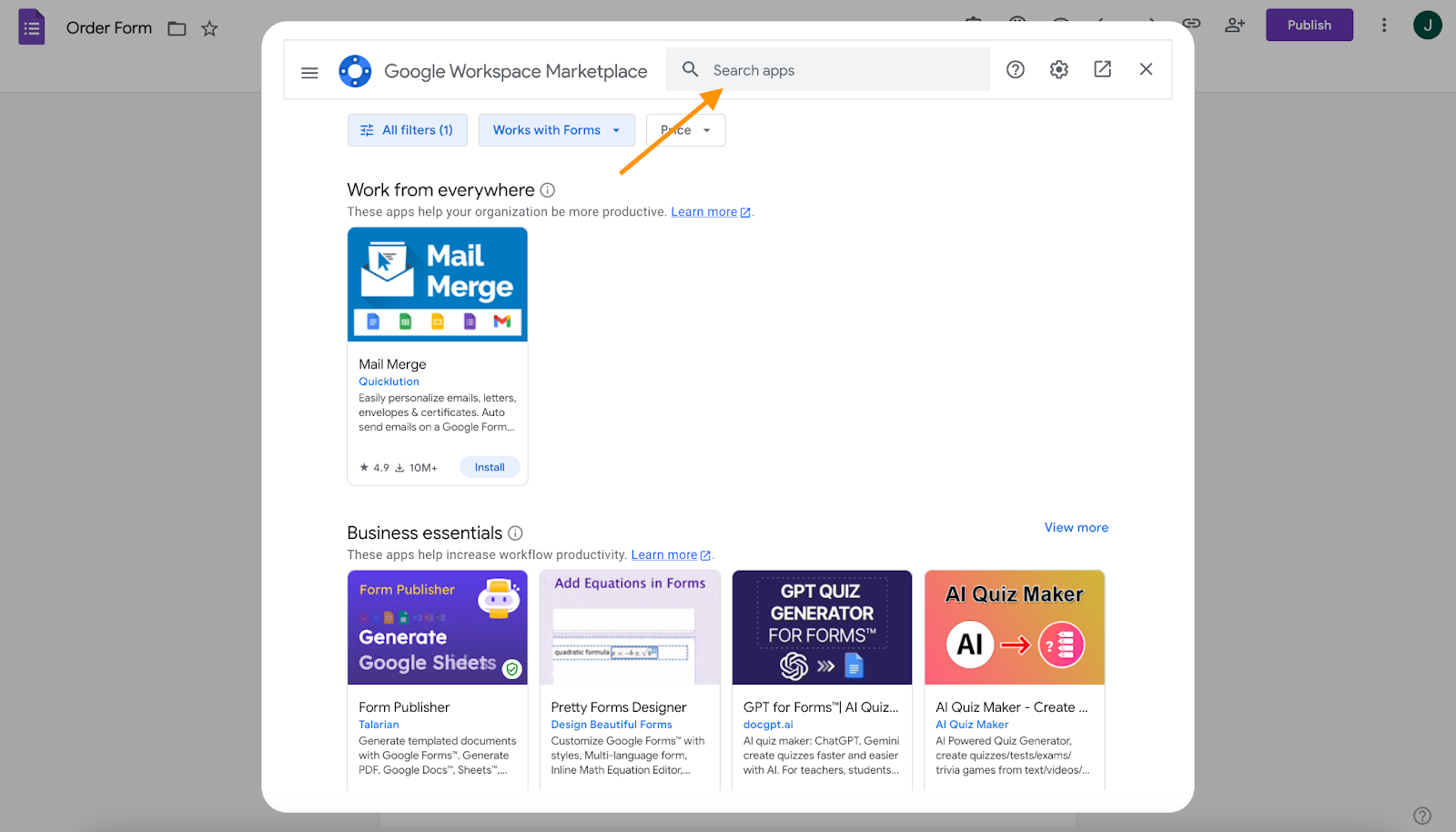 google workspace marketplace search apps option