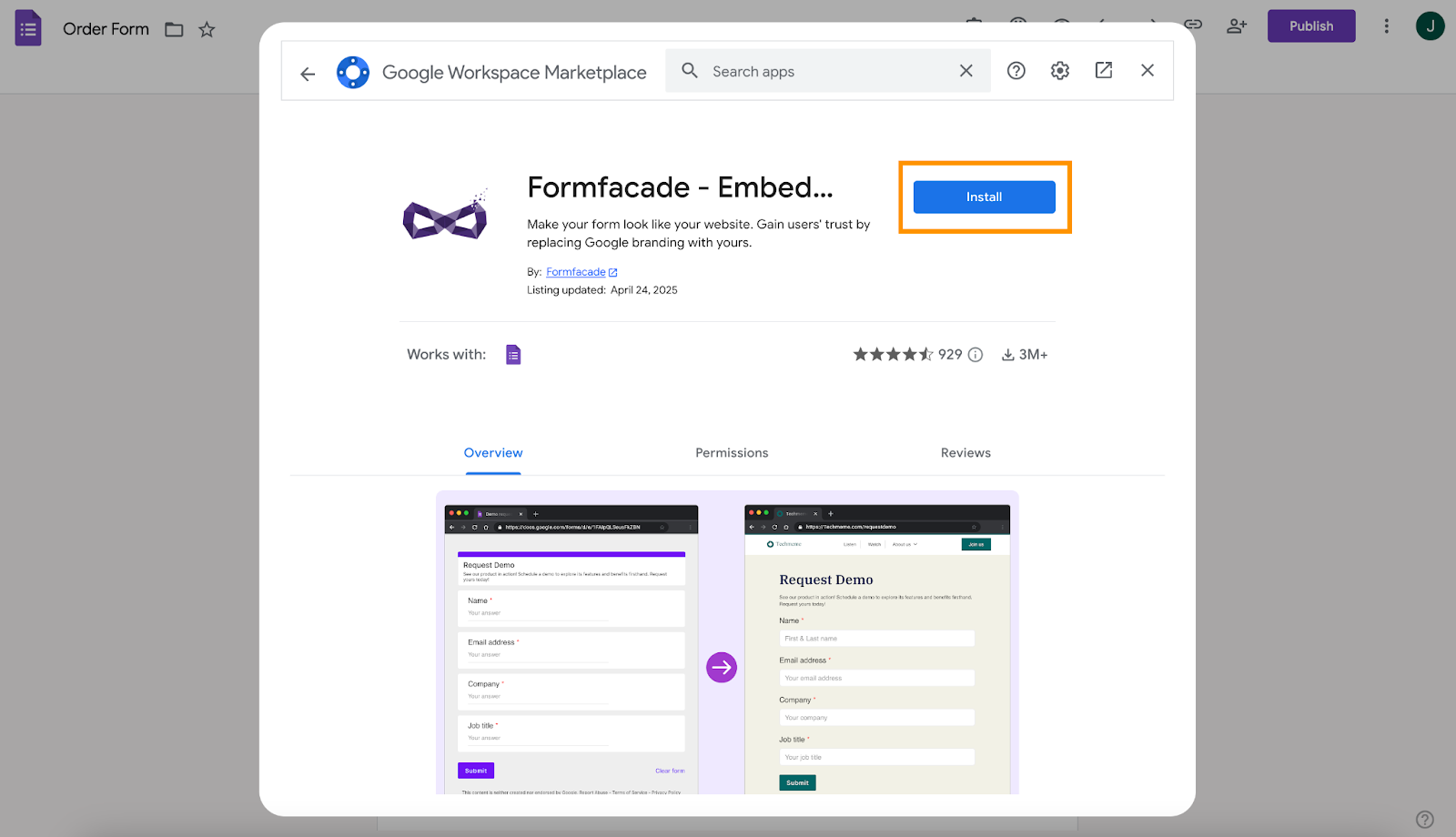 google workspace marketplace formfacade installation