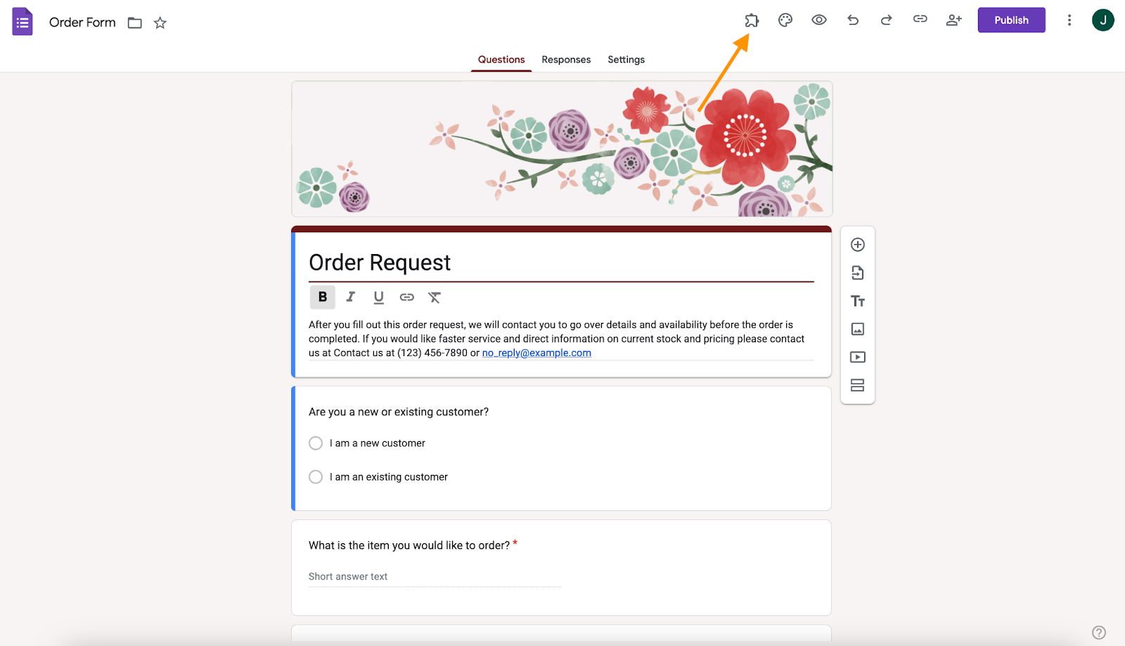 google forms order request form example showing extension icon